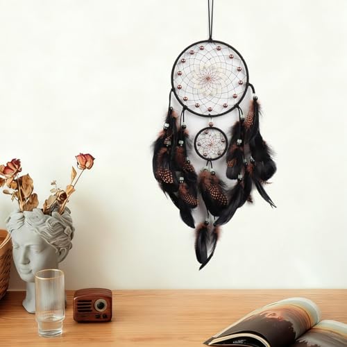 6.3" Dream Catcher Wall Hanging for Home Decoration, 6.3" x 20" Traditional Circular Net with Brown Feathers & Luminous Beads for Bedroom Decor - Image 5
