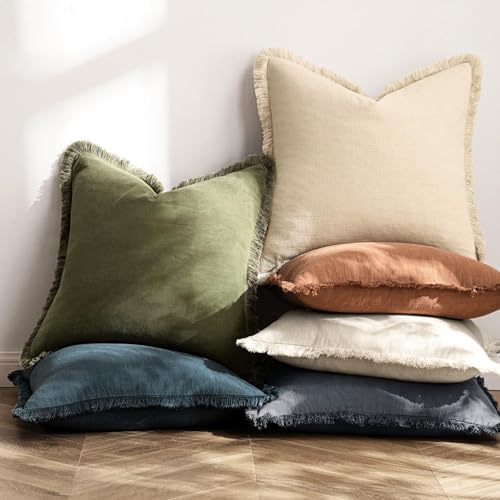 Image of MIULEE Decorative Throw Pillow Covers Neutral Linen Fringe Throw Pillows Euro Shams Set of 2 Dark Grey Boho Farmhouse Cushion Covers for Couch Sofa Bed Living Room Spring Home Decor 24x24 Inch