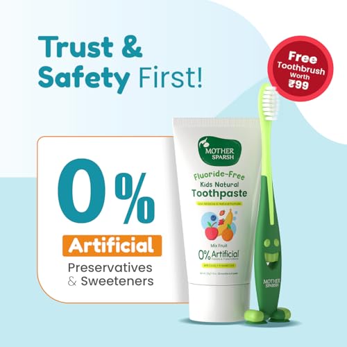 Image of Mother Sparsh Toothpaste for Kids-50g, Mix Fruit (With Free Toothbrush) | Strengthens Gums, Whitens Teeth | Preservative & Fluoride Free Baby Toothpaste | Anti Cavity + Enamel Care