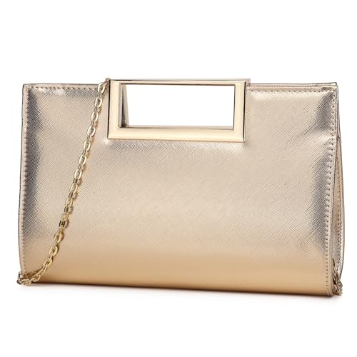 DETARA Clutch Purse for Women Fashion PU Leather Handbag Metal Grip Cut it out Clutch with Shoulder Strap (3062, Champagne)