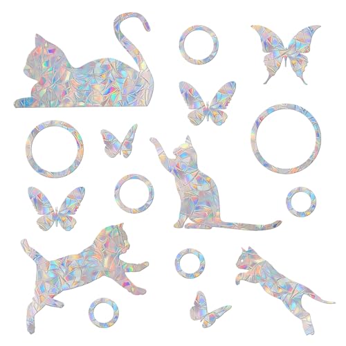 Image of Cat-Butterfly-Ring Prism Window Collision Clings for Bird Strikes, 40Pieces | Static Glass Reminder Sticker Decals, Window Anti-Collision, Rainbow Maker, Save Birds from Hitting Windows, Non Adhesive