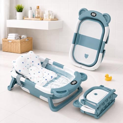Image of TINSY Foldable Baby Bath Tub with Built-in Water Thermometer & Soft Head Support Pillow | Portable Newborn Bathtub | Anti-Slip Legs | Space-Saving Infant Bath Tub for Babies & Toddlers | Misty Blue