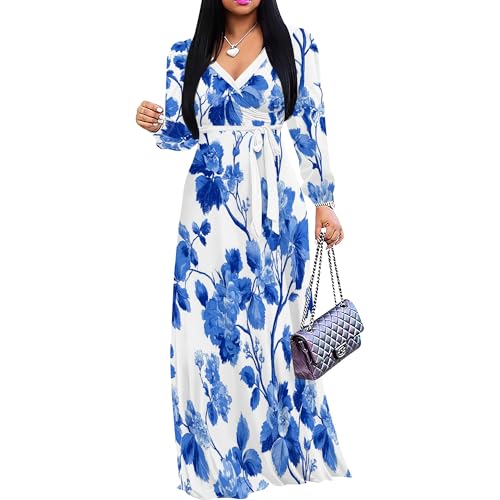 Image of PinkPatty Plus Size Dresses for Curvy Women V Neck Flowy Long Sleeves Wrap Maxi Dress Travel Vacation Outfits