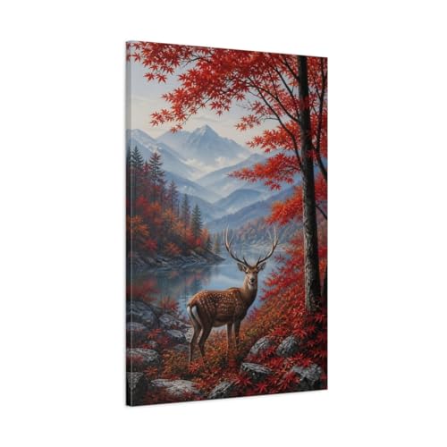 Tableau cerf décoration murale salon paysage montagne bleu gris toile tendue 60x90 cadre 3cm