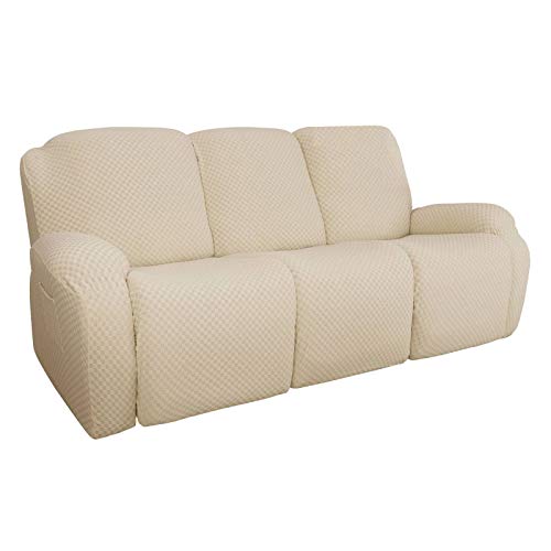 JHLD Funda De Sillón Relax Elástica, 3 Asiento 8 Piezas Funda Sillon Relax Tramo Protector para Sillón Reclinable Jacquard Funda para Sillón Reclinable Machine Washable-Beige Claro-Sillón Relax Cover