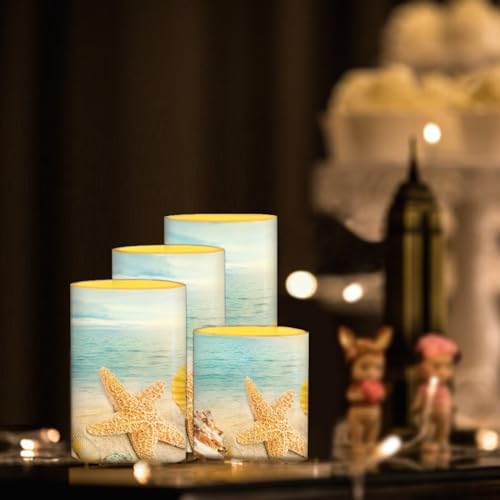 Image of Flameless Candles Battery Powered LED Candles with Remote Timer Color Changing Control Long Lasting for Indoor Outdoor Beach Home Decoration Set of 4, Coastal Starfish Blue Sea