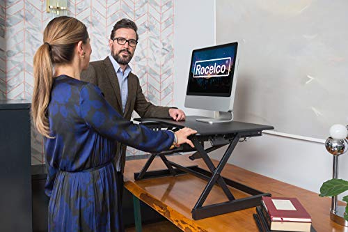 Rocelco 38" Height Adjustable Standing Desk Converter With Anti Fatigue Mat Bundle - Sit Stand Computer Workstation Riser - Dual Monitor Retractable Keyboard Tray Gas Spring - Black (R Dadrb-38-Mafm) #TOP6
