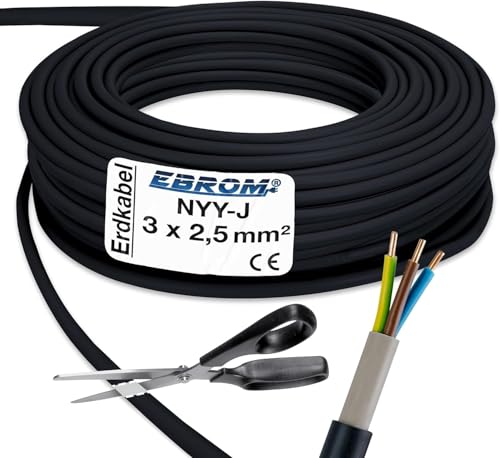NYY-J - Cable subterráneo (3 x 2,5 mm² - Metro al metro exacto - Cable de alimentación de alta potencia - Cable de tierra de PVC negro - Selección en tramos de 1 metro - muchas longitudes disponibles