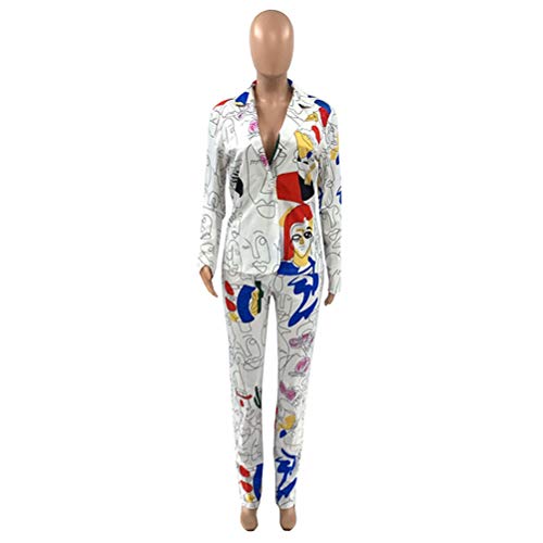 Womens Sexy 2 Pieces Graffiti Print Blazer Suit Pants Set Nightclub Tracksuit Outfit Set4