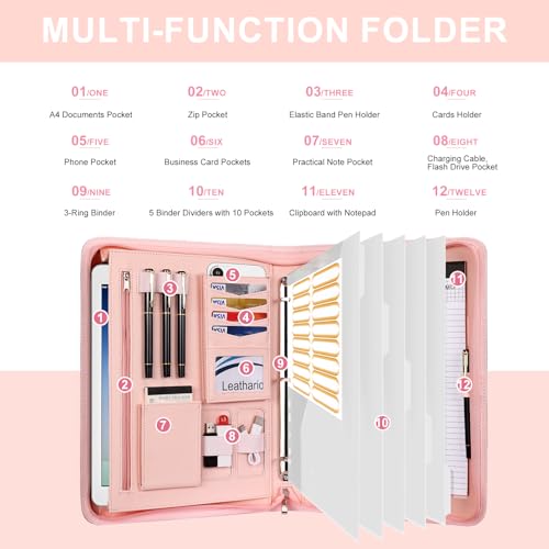 Image of Leathario Portfolio Binder, Includes 5 Folder Index Dividers, 13 Inch Tablets Organizer with Handle, Vegan Leather A4 Padfolio, Multi-Pocket Notepad Business Planner Professional Document