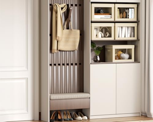 Image of Homsorout Collapsible Storage Bins with Lids - Stackable Storage Boxes with Window, 15.7 Inch Fabric Organizing Bins for Closet, Home & Office Organization Baskets, Beige, 3 Pack
