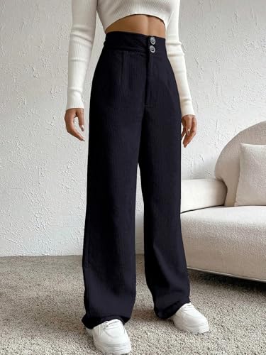 Image of Women's Wide Leg Bottomwear with Pocket || Corduroy Mid Rise Loose & Relaxed Fit Casual Korean Baggy Trousers for Woman Elegant Workwear for Office, College & Events