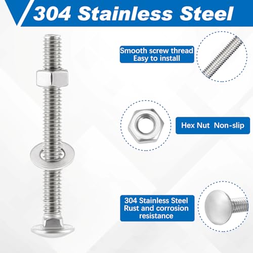 Image of Zonon 25 Sets 5 /16-18 x 3 inch Stainless Steel Carriage Bolts and Nuts Kit Round Head Square Neck Carriage Bolts Screws and Hex Nuts and Flat Washers, Stainless 18-8 Full Thread Coverage (Silver)