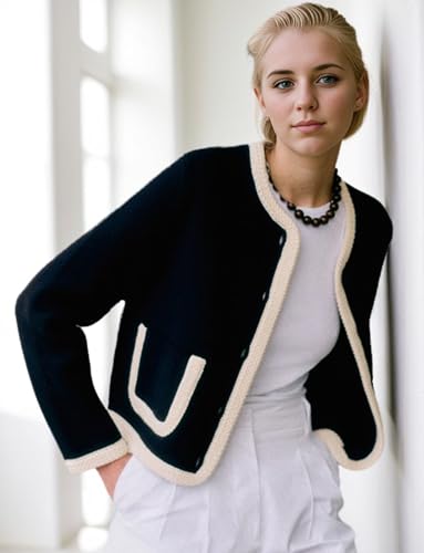 Ythomm Womens Cardigan Sweaters Long Sleeve Open Front Button Crochet Trim Knit Jacket Crewneck Fall Sweater Coat with Pocket2