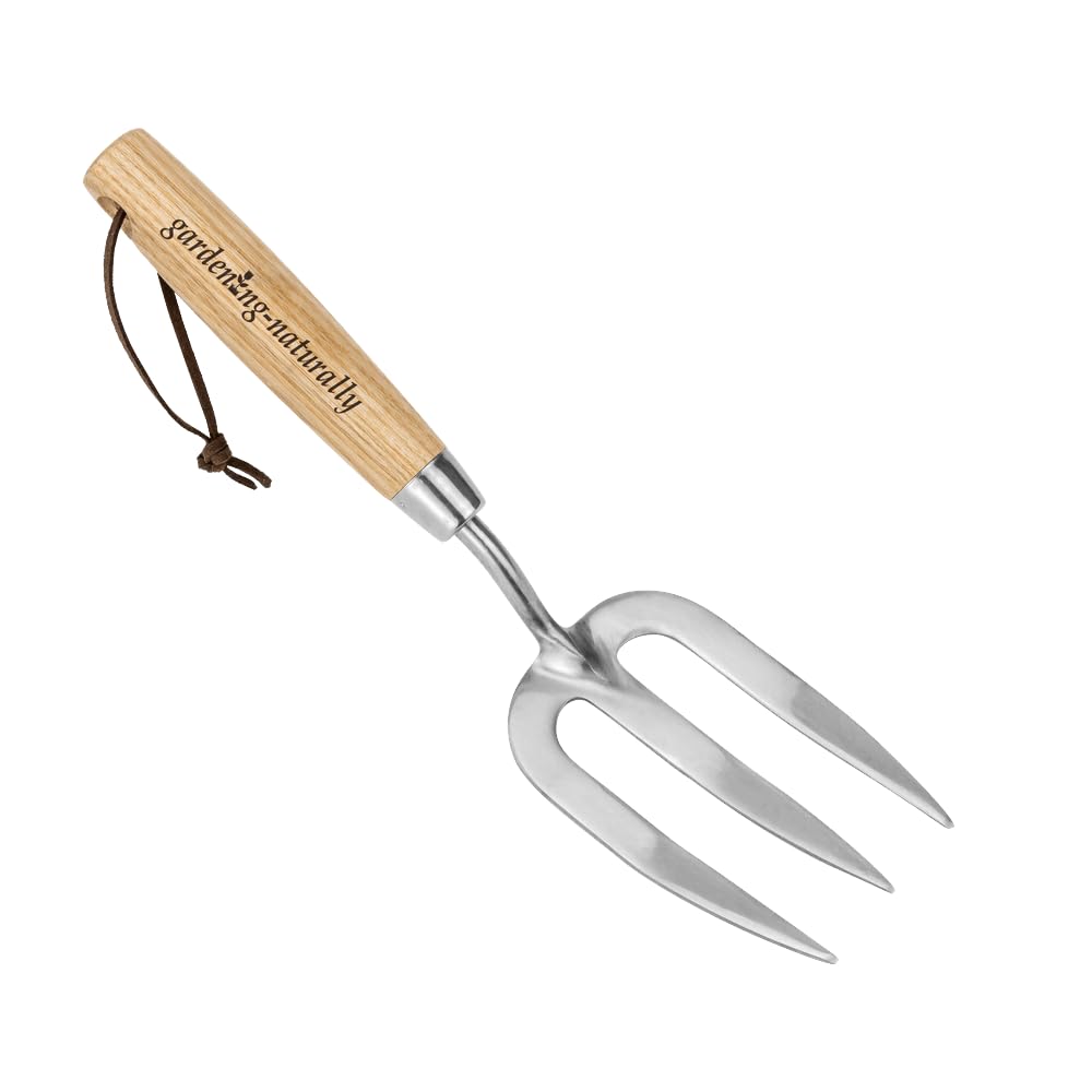 Stainless Steel Hand Fork Garden Tool with Ash Wood Handle for Weeding Planting Soil Loosening and Aerating 31 cm