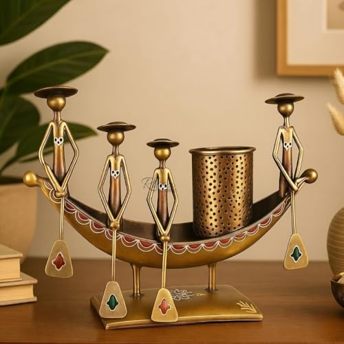 Image of Antique Metal Boat Pen Stand, Copper Gold 4-Man Rowing Showpiece Table Decor Item for Office Desk, Corporate Bulk Gifting and Study Room Decoration (Pack of 1)