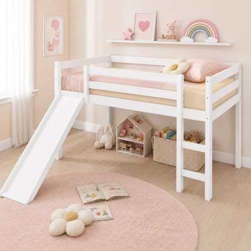 NAFORT Twin Size Loft Bed with Slide & Stairs – Low Loft Bed...
