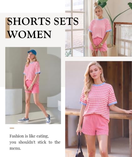 Image of MARZXIN Women 2 Piece Shorts Set 2026 Casual Summer Cruise Outfits Ribbed Loose Short Sleeve Pocket Matching Lounge Sets