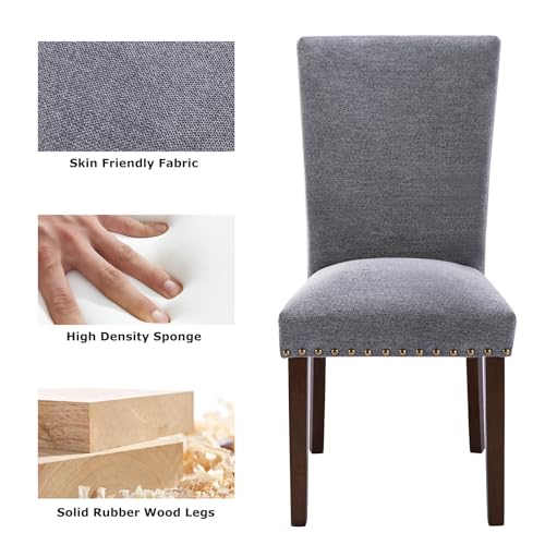 Image of COLAMY Upholstered Parsons Dining Chairs Set of 2, Fabric Dining Room Kitchen Side Chair with Nailhead Trim and Wood Legs - Dark Grey