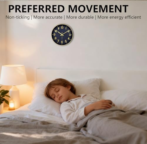 Image of Modern Wall Clock, 10 Inch Digital Wall Clocks Battery Operated, Round Non Ticking Silent Analog Clock for Bedroom Living Room Kitchen Office Gym Classroom Decor, Gold Navy Blue Battery Clock