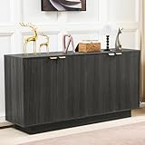 63''Large Fluted Sideboard Buffet Cabinet, Modern Buffet Table Coffee Bar Wine Bar Storage Cabinet with 4 Doors for Dining Room, Living Room, Kitchen-Dark Oak