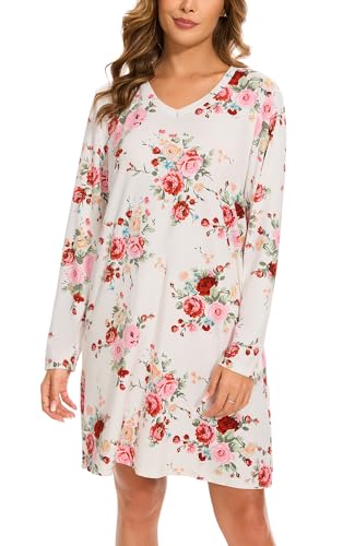 Image of Kabento 2 Pack Long Sleeve Nightgowns for Women Soft Cotton Night Gowns Sleepwear V Neck Nightshirts