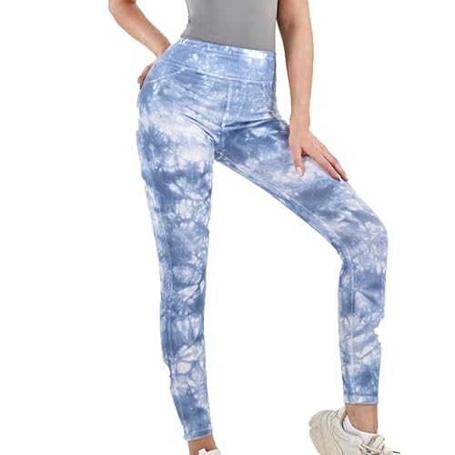 Tie-dye Gym Yoga Pants for Women Fashion High Waist Stretchy Leggings Casual Slim Fit Tummy Control Trousers Sky Blue