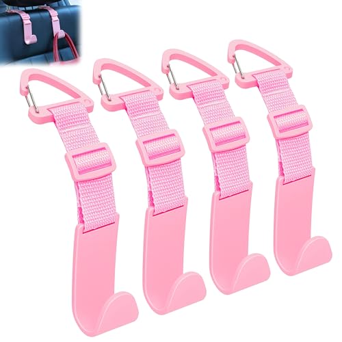 Image of Amooca 4 Pack Anti-drop Headrest Hooks Adjustable Car Seat Organizer | Universal Fit with Clip, Hanger for Backpack Umbrella Water Bottle Coat Purses Handbags Groceries, 40lb Heavy Duty, Pink