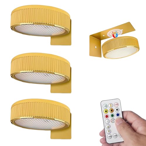 HItianya Foco Para Cuadros Sin Cable, Magnetic Painting Light, Picture Lights For Wall With Remote, LáMpara De Pintura Que Funciona Con BateríA De 3 Piezas Para ExhibicióN De Arte (Dorado)