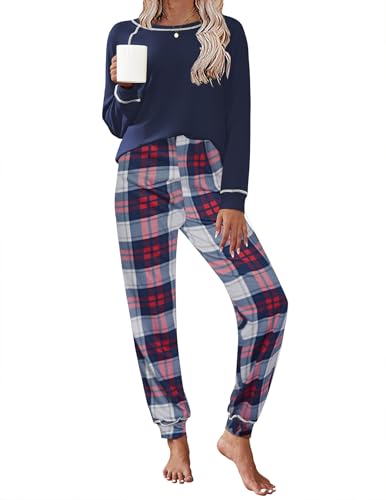 Ekouaer Pajamas Set for Women Soft Comfy Pjs Sets Long Sleeve Sleepwear Loungewear S-XXL Navy Plaid