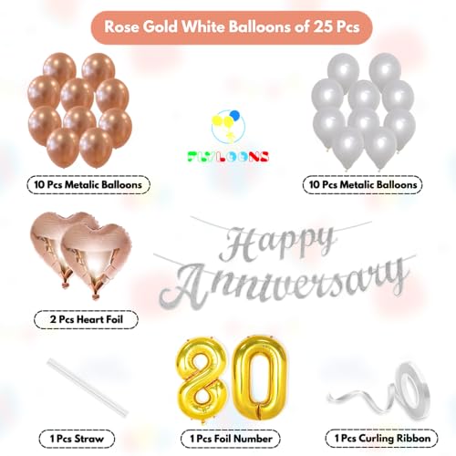 Image of Flyloons 80th Happy Anniversary Decoration Items Rose Gold White for Men Women Husband Wife Mom Dad Parent Couple Home Bedroom Car With 20 Pcs Metallic Balloons Anniversary Banner 2 Pcs Heart Set Kit