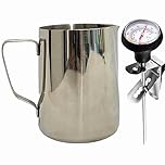 UZER Milk Frothing Pitcher with Thermometer, 21oz Stainless Steel Milk Frother Cup, Coffee Barista Steaming Jug (600ml with Thermometer Pen)