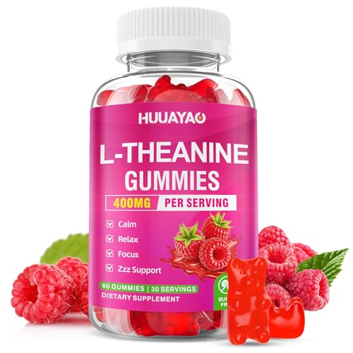 HUUAYAO L-Theanine Gummies 400mg L-Theanine Supplement for Kids & Adults with Ashwagandha GABA 5HTP for Calm Zzz & Relaxation Support Raspberry Flavor 60 Counts