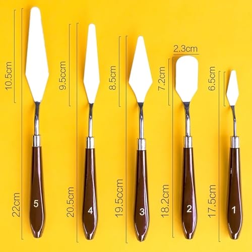 Image of GLUN Set of 5 Palette Knives for Painting, Various Size & Shape, Stainless Steel Spatula, Brown Number Polished Handle for Artist Canvas Oil Paint Color