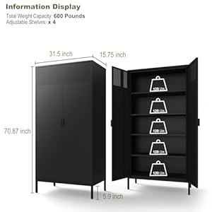 5 Tier Black Metal Storage Cabinet, Free Standing with 2 Doors, 4 Adjustable Shelves and Legs, Cupboard Metal Cabinet for Living Room, Kitchen, Dining Room, Office 5 Tier Black Metal Storage Cabinet Free Standing with 2 Doors 4 Adjustable Shelves and Legs Cupboard Metal Cabinet for Living Room Kitchen Dining Room Office