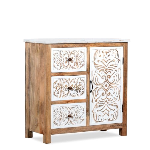 Image of Jika Wooden Sideboard Cabinet for Living Room | Carved Wooden Storage Cabinet for Home with Multiple Drawers | Handcrafted Solid Wood Cabinet for Storage Furniture for Home | White Distress