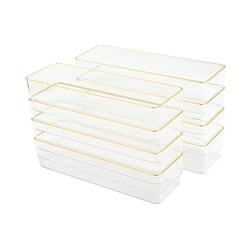 Image of Martha Stewart Kerry Plastic Stackable Office Desk Drawer Organizers, 9 inch x 3 inch, 8 Pack, with Gold Trim