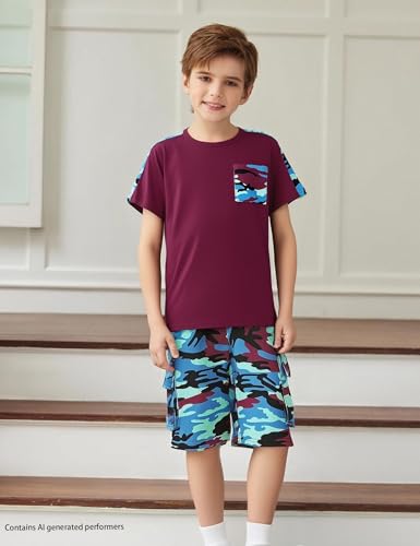 Image of mksodopy Boys Summer Outfit Set 2 Piece T Shirt and Camo Shorts Casual Clothes for Little Big Boys 5-16