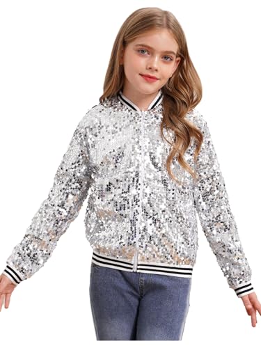 Kids Girls Sequin Bomber Jacket Sparkle Long Sleeve Zipper Baseball Jackets for Hip Hop Modern Jazz3