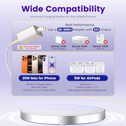 Image of MagSafe 25W Wireless Charger for Apple Magnetic Fast Charging Pad | Compatible for iPhone 17 17e 16 16e 15 14 13 12 Pro Max - AirPods-Slim Portable for Travel Bedside Office - 1 Pack, White