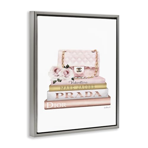 Image of Stupell Industries 'Pink Purse Gold Bookstack'| Floating Frame Canvas Art | Stupell Industries | Gray, 25 x 31 Inches, Easy to Hang and Sturdy, Made in USA, by Amanda Greenwood