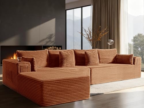Image of 138 inch Cloud Sectional Couch, Comfort L Shaped Boneless Couch for Living Room, Extra Deep Seats No Assembly, Minimalist Modular Sofa, Corduroy (Deep Orange, 3 Seater+Left Facing Chaise)