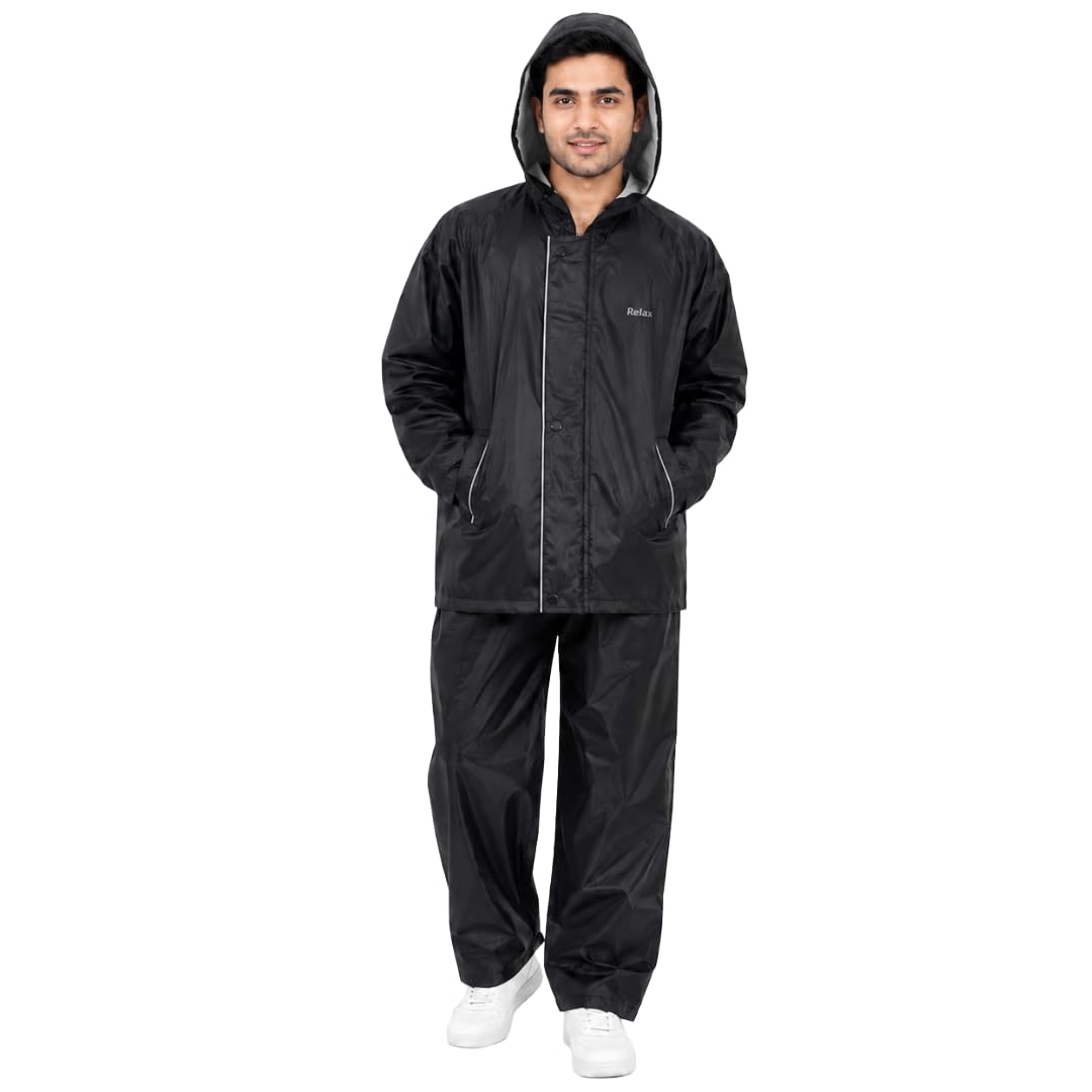 Relax Reversible Raincoat Suit for Men, Black, Hooded Jacket with Trouser Set-image-44