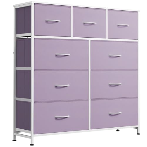 Image of WLIVE 9 Drawer Dresser, Fabric Storage Tower for Bedroom, Hallway, Closet, Tall Chest Organizer Unit for Bedroom with Fabric Bins, Steel Frame, Wood Top, Easy Pull Handle, Purple