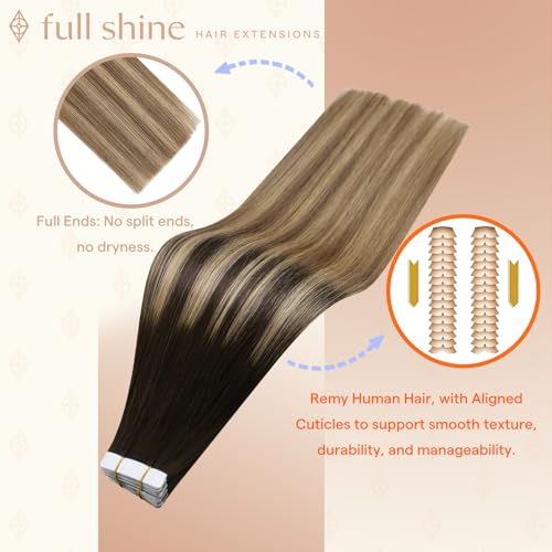 Image of Full Shine Tape in Extensions, Dark Brown Honey Blonde Ombre 22 Inch | 50g 20PCS, Seamless Skin Weft Hair Extensions Tape in, Invisible Soft Finish Add Length Dimensional Honey Brown Styling