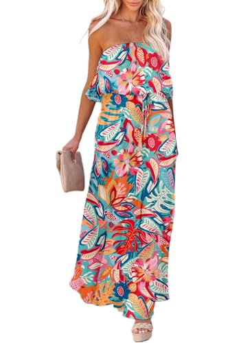 Dokotoo Womens Strapless Dresses Casual Summer High Waist Side Split Flowy Boho Maxi Dress