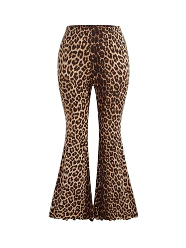 WDIRARA Women's Plus Size Leopard Print Flared Pants Elastic Waist Lettuce Trim Bell Bottom Trousers