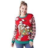 Giggling Getup Ugly Christmas Sweater for Women, Adult LED Light Up Sloth Christmas Ugly Sweater, Holiday Pullover for Women Red and Brown