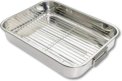 VR7 Roasting Tray with Rack Stainless Steel - 4 Sizes, Rust-Free, Non-Toxic, Dishwasher Safe Baking Pan with Cooling Rack for Perfect Roasting