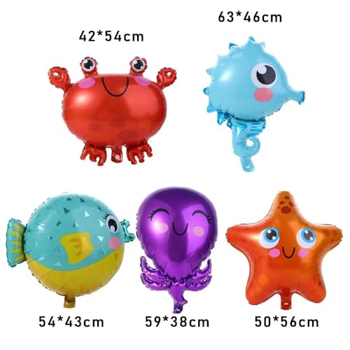 Image of Atpata Funky 5pcs Aquatic Theme Foil Balloons Set - Starfish, Seahorse, Octopus, Crab, and Fish Shapes - For Underwater Ocean Party Decorations for unisex Kids Birthday Celebrations